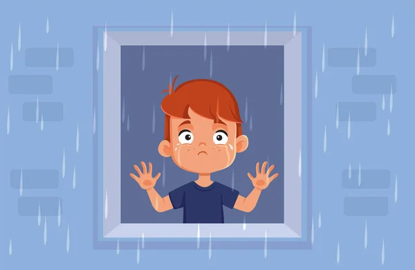 Sad Boy Looking Rain His Window Vector Cartoon — Vettoriale Stock