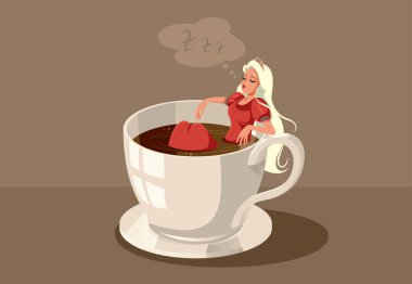 Bir fincan kahve kadehinde oturan Uyuyan Güzel Çizgi Film Çizimi