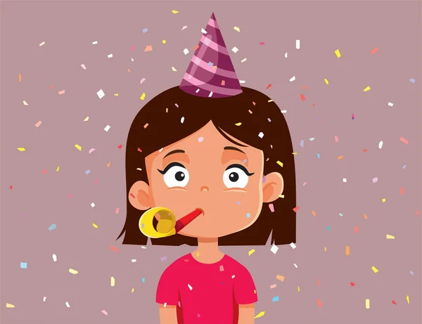Little Girl Celebrating Party Blower Vector Cartoon — Vettoriale Stock