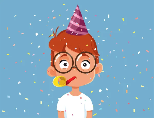 Little Boy Celebrating Party Blower Vector Cartoon — Stockvektor