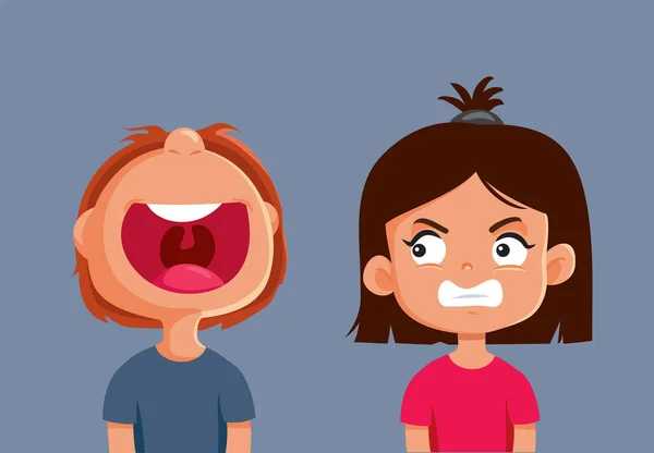 Laughing Boy Making Jokes Upsetting His Sister Vector Cartoon - Stok Vektor