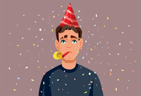 Sad Man Celebrating Party Blower Vector Cartoon — Vettoriale Stock