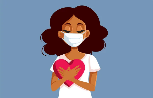 Tıbbi Maske Takan Elinde Kalp Taşıyıcı Illüstrasyonu Olan Bir Kadın — Stok Vektör
