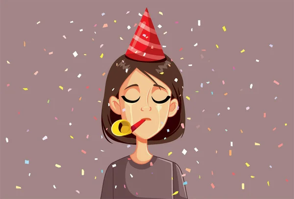 Sad Woman Celebrating Party Blower Vector Cartoon — Vettoriale Stock