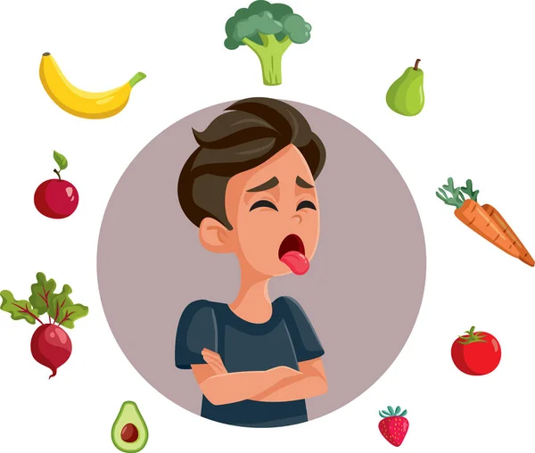 Tiener Jongen Afkeer Gezond Eten Vector Cartoon Illustratie — Stockvector