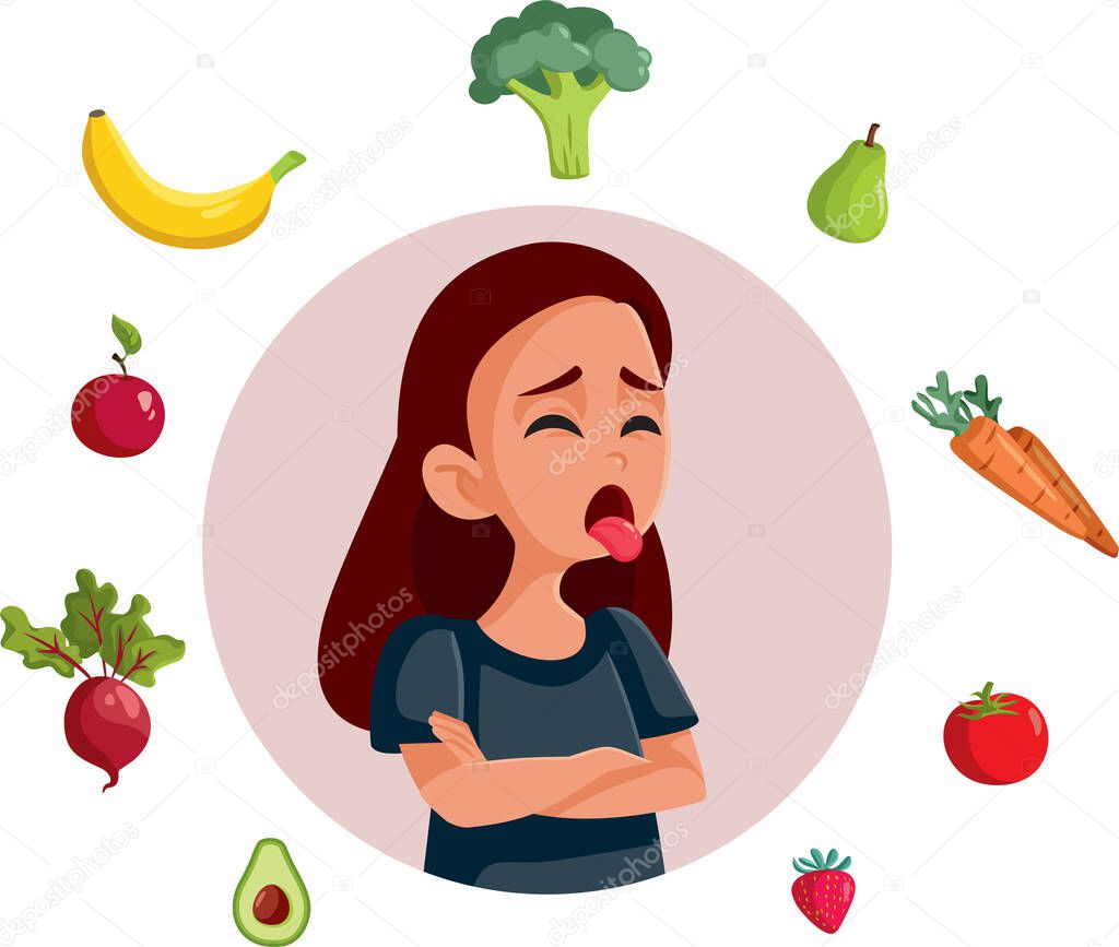 Teen Girl Disliking Healthy Eating Vector Cartoon Illustration