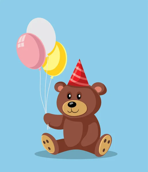 Schattige Teddybeer Holding Party Ballonnen Vieren Verjaardag Vector Card — Stockvector