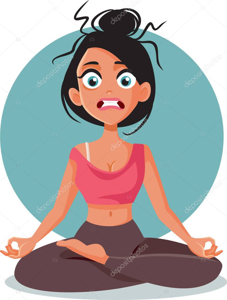 Stressed Woman Trying to Relax and Exercise Vector Illustration