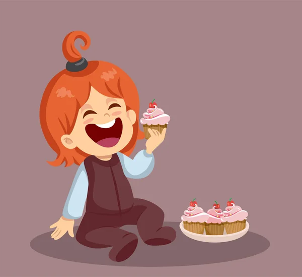 Little Toddler Eating Sweet Cupcakes Vector Cartoon Illustration — Image vectorielle