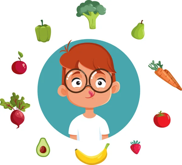 Happy Boy Eating Healthy Concept Vector Cartoon — Stockvector