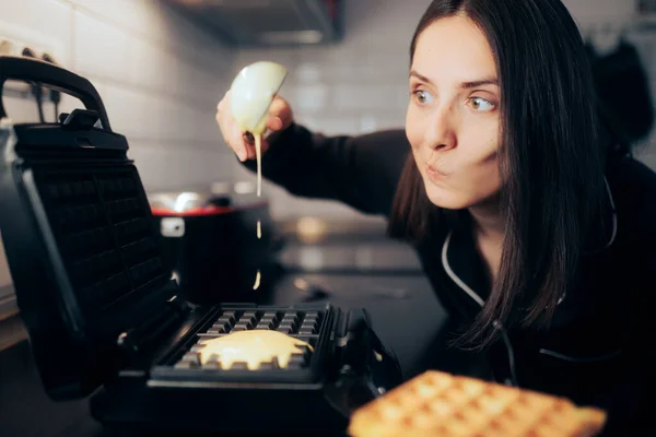 Woman Pouring Batter Waffle Maker Machine — 스톡 사진