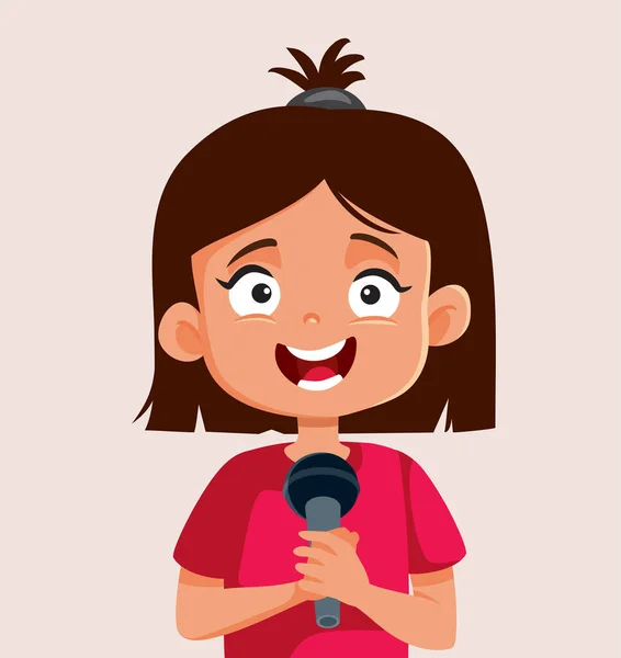 Happy Cheerful Girl Holding Microphone Vector Cartoon — Vetor de Stock