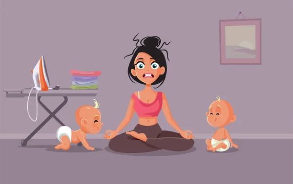 Stressed Mom Twins Trying Relax Vector Cartoon Illustration — Archivo Imágenes Vectoriales