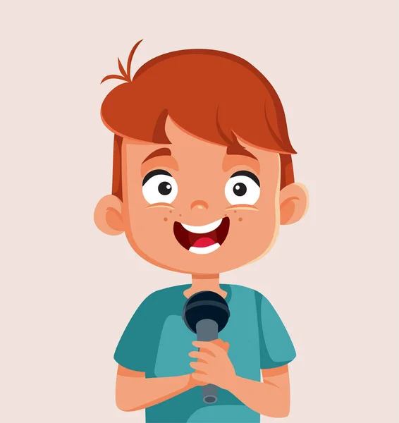 Happy Cheerful Boy Holding Microphone Vector Cartoon — Stok Vektör