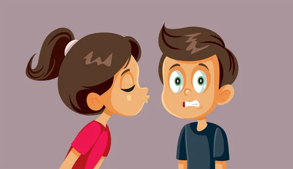 Little Girl Kissing Shy Introvert Boy Vector Cartoon Illustration — 스톡 벡터