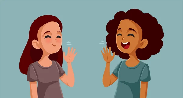 Meisjes Groeten Elkaar Vormen Vriendschap Vector Cartoon Illustratie — Stockvector
