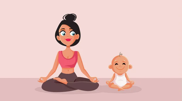 Yoga Mãe Bebê Exercício Juntos Vetor Desenho Animado Ilustração — Vetor de Stock