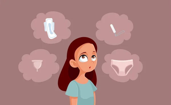 Dziewczyna Wybierając Między Sanitarnych Pad Menstrual Cup Tampon Majtki — Wektor stockowy