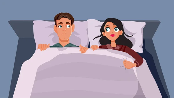 Casal Jovem Estressado Sentado Cama Vector Cartoon Ilustração — Vetor de Stock