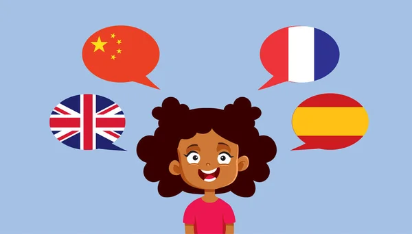 Polyglot Κοριτσάκι Μιλώντας Αγγλικά Κινέζικα Γαλλικά Και Ισπανικά — Διανυσματικό Αρχείο