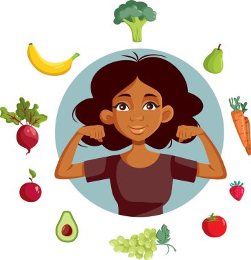 Sağlıklı Yaşam Tarzı Vektör Çizgi Filmini Destekleyen Güçlü Kadın