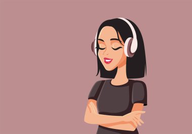Gözde Podcast Vektör İllüstrasyonunu Dinleyen Kulaklık Giyen Genç Kadın