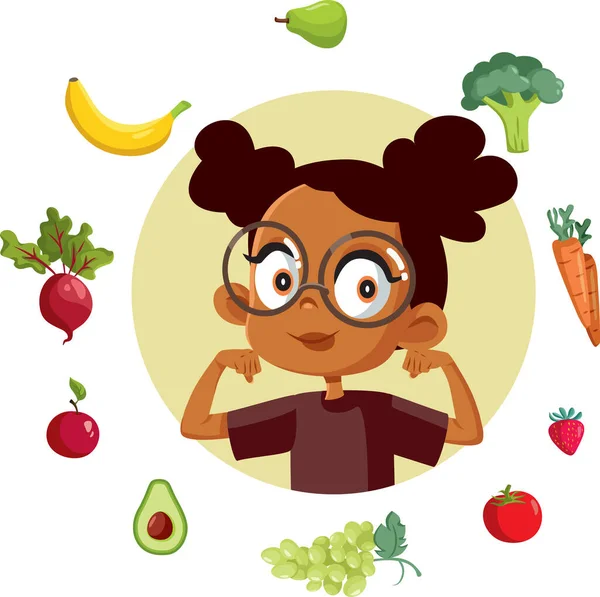 Healthy Strong Little Girl Eating Healthy Concept Cartoon Illustration — Stock Vector