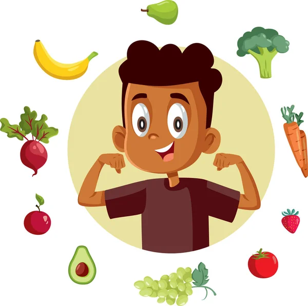 健康强壮小男孩吃健康概念漫画说明 — 图库矢量图片