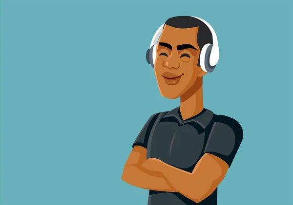 Young Man Wearing Headphones Listening Favorite Podcast Vector Illustration — Stock Vector