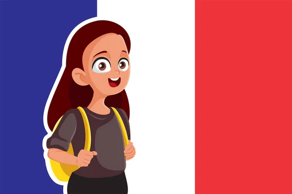 Fransız Bayrak Vektör Llüstrasyonunun Önünde Duran Öğrenci Kız — Stok Vektör