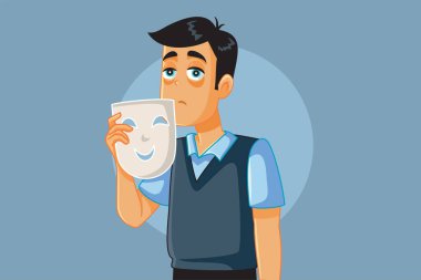 Üzgün Adam, Toplum Vektörü Çizgi Filmi İçin Mutlu Maske Tutuyor