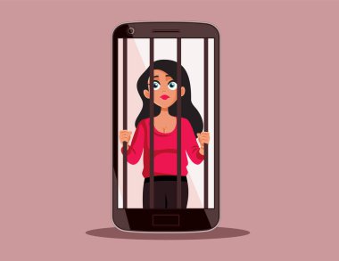 Hapisteki Kadın Parmaklıklar Arkasında Cep Telefonu Cezaevi Vektör İllüstrasyonu