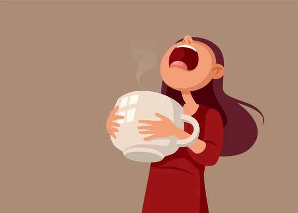 Femme Fatiguée Tenant Une Grande Tasse Café Vector Cartoon — Image vectorielle