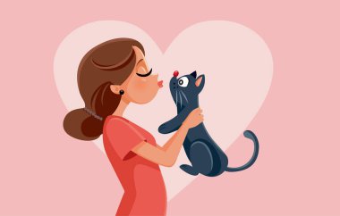 Mutlu Hayvan Sahibi Kedi Vektörü Çizgi Filmini Öpüyor