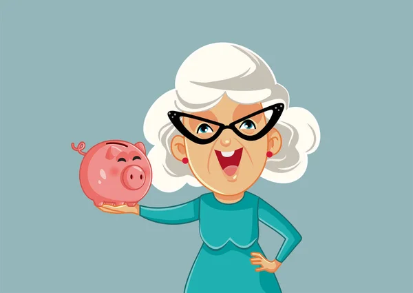 Ceria Nenek Memegang Piggy Bank Vector Kartun - Stok Vektor