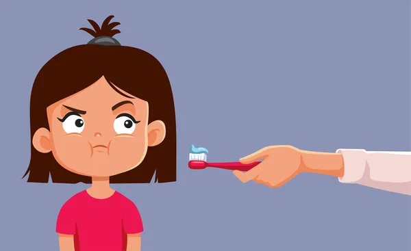 Niña Negándose Cepillarse Los Dientes Vector Dibujos Animados Ilustración — Vector de stock