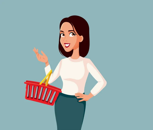 Lachende Vrouwelijke Klant Holding Winkelwagen Vector Cartoon Illustratie — Stockvector