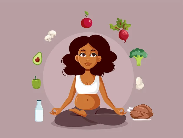 Mujer Haciendo Ejercicio Comiendo Sano Durante Embarazo Vector Illustration — Vector de stock