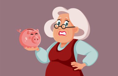 Endişeli Yaşlı Kadın Bankada Vector Çizgi Filmi Çizimi Tutuyor