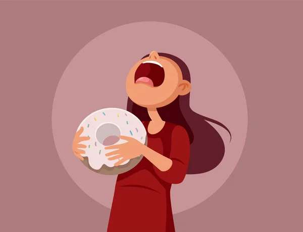 Hungrig Flicka Som Håller Giant Donut Vektor Tecknad Illustration — Stock vektor