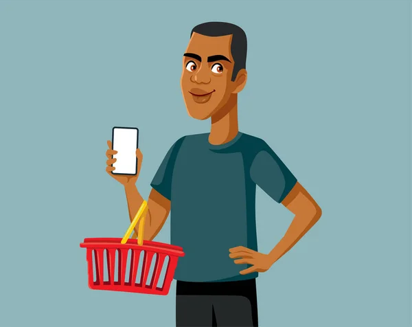 Glücklicher Kunde Mit Smartphone Und Warenkorb Vector Cartoon Illustration — Stockvektor