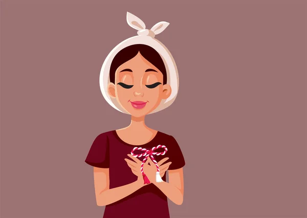 Happy Woman Porter Charme Chanceux Martisor Avec Une Bande Dessinée — Image vectorielle