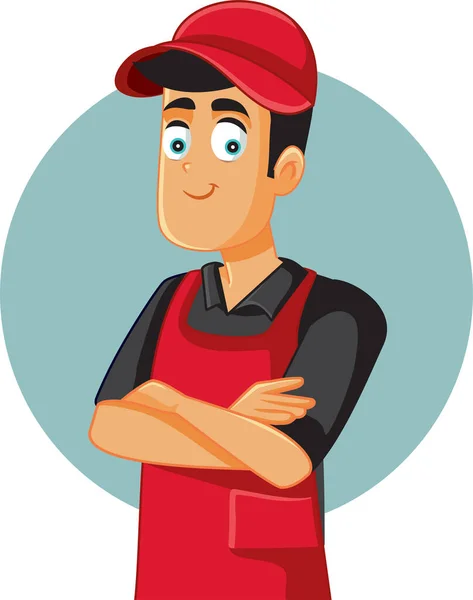 Supermarket Worker Standing Smiling Friendly Vector Cartoon Illustration — Stock Vector
