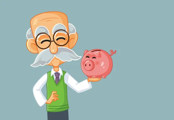 Happy Grandpa Holding Piggy Bank Life Savings Vector Cartoon - Stok Vektor