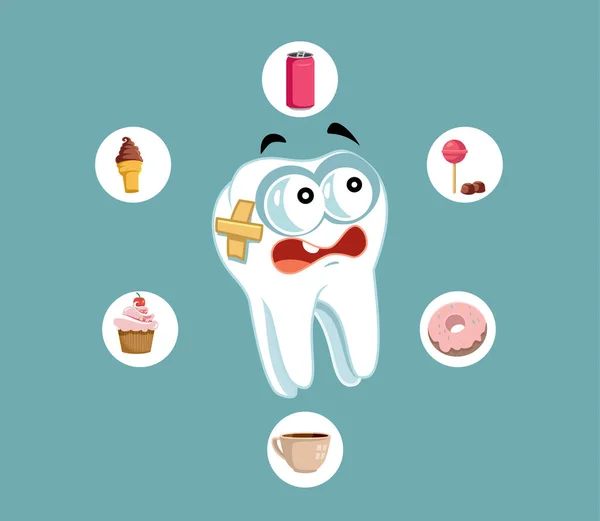 Scared Tooth Surrounded Junk Food Vector Cartoon - Stok Vektor