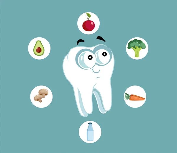 Happy Tooth Surrounded Good Food Vector Cartoon - Stok Vektor