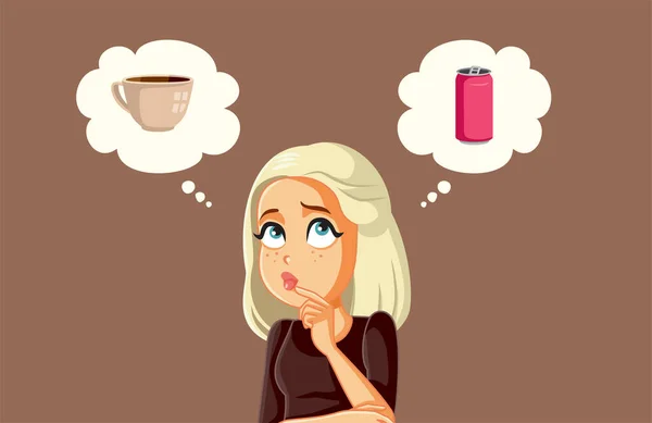 Frau Wählt Zwischen Soda Und Kaffee Vektor Cartoon — Stockvektor