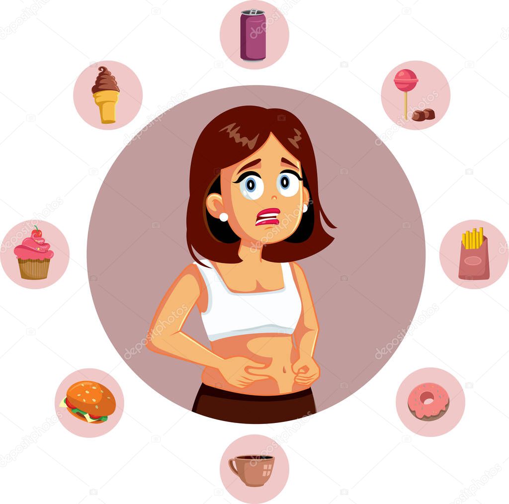 Woman Surrounded by Fast Food Holding Her Belly Fat