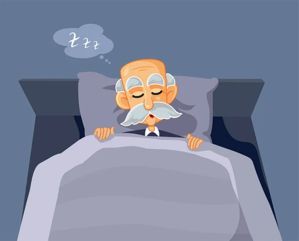 Senior Man Horkolás Ágy Vektor Rajzfilm Illusztráció — Stock Vector
