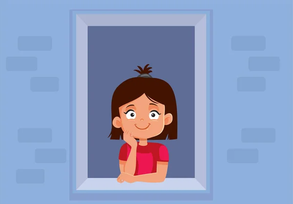 Niño Feliz Sentado Junto Ventana Vector Cartoon Illustration — Vector de stock